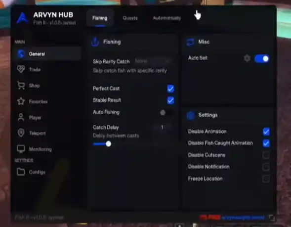 Скриншот скрипта Arvyn Hub для Fish It
